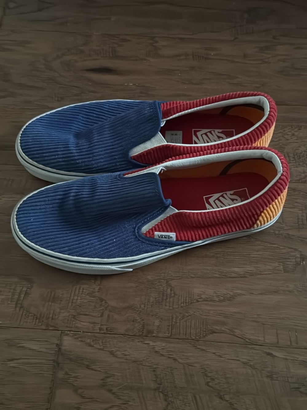 Vans Slip-On Corduroy Sneakers in Blue with Red & Orange Accents